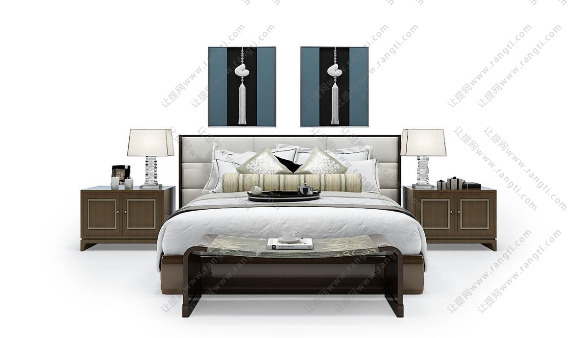 新中式软包床头双人床、中国结装饰画