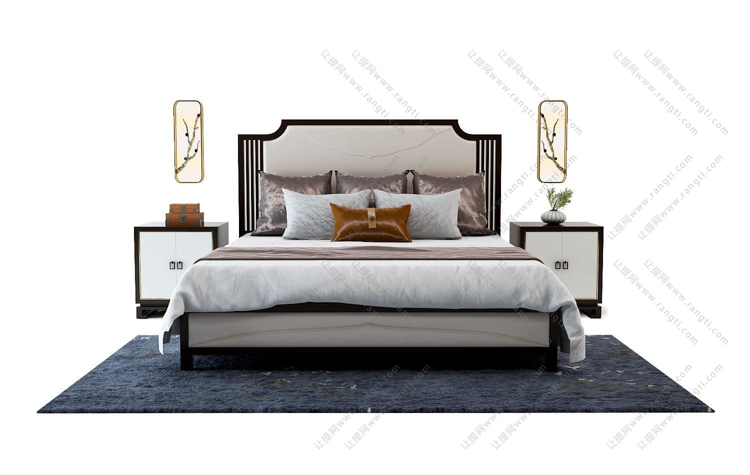 新中式软包床头双人床、墙饰组合