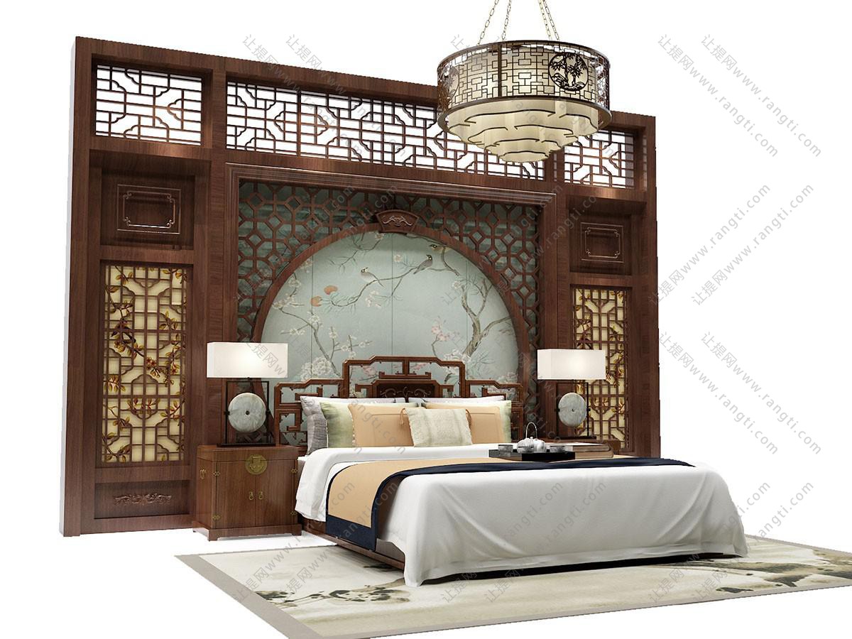 中式实木镂空雕花床头双人床、实木床头背景墙组合