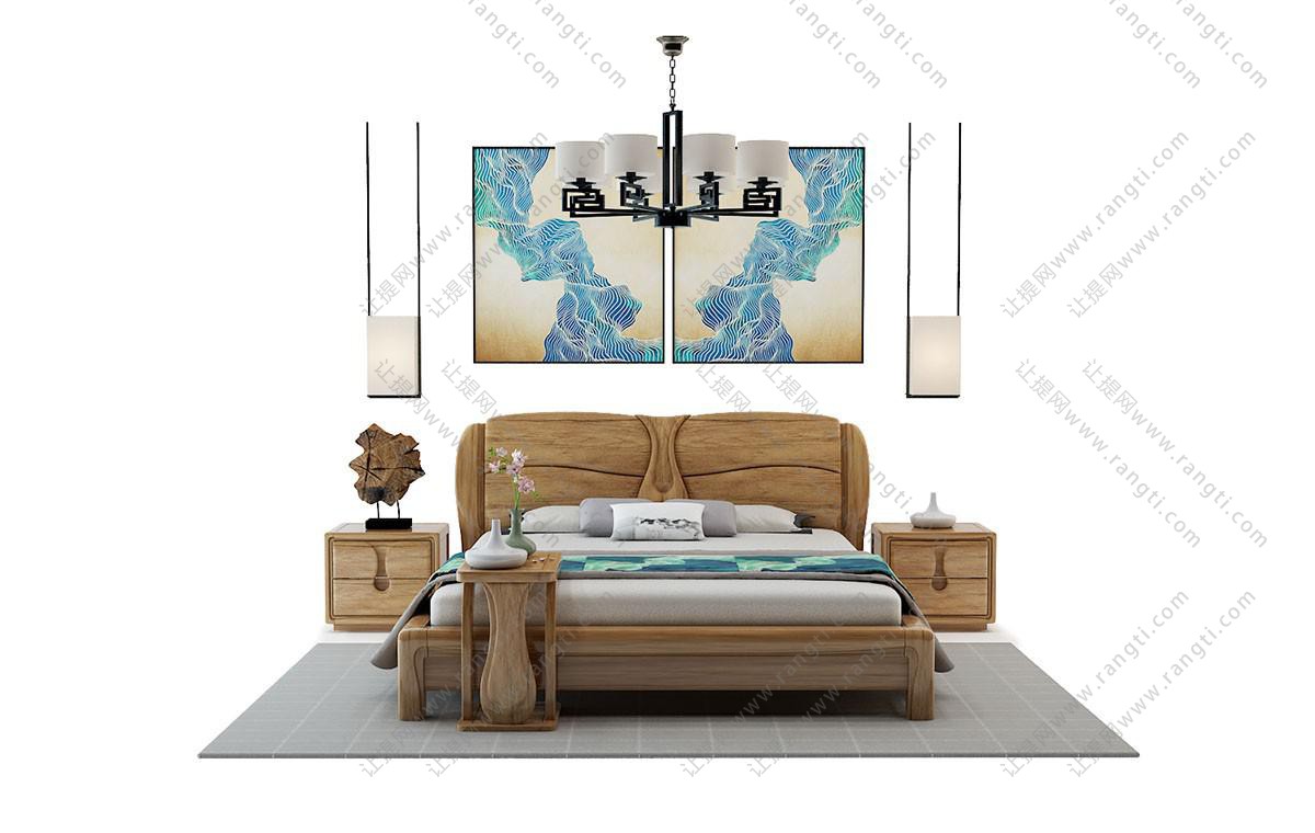 新中式实木双人床、床垫、装饰画组合