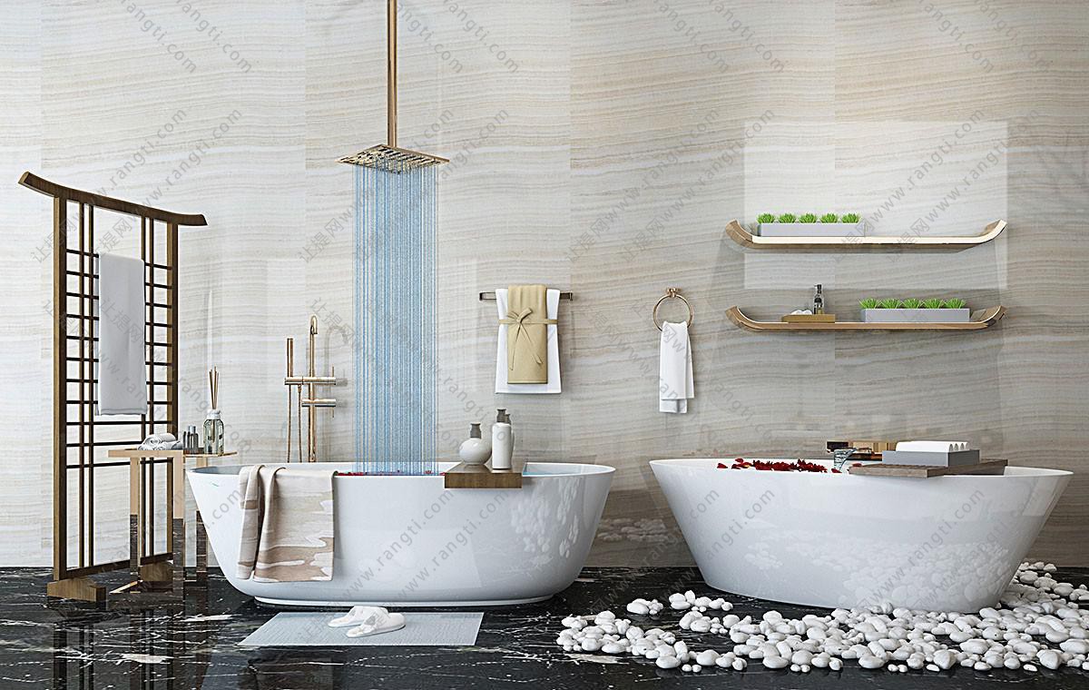 卫生间白色陶瓷浴缸、毛巾架和洗浴用品