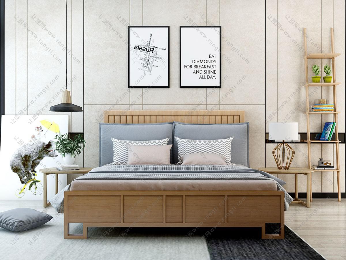 现代轻奢实木双人床、床头柜、装饰画组合