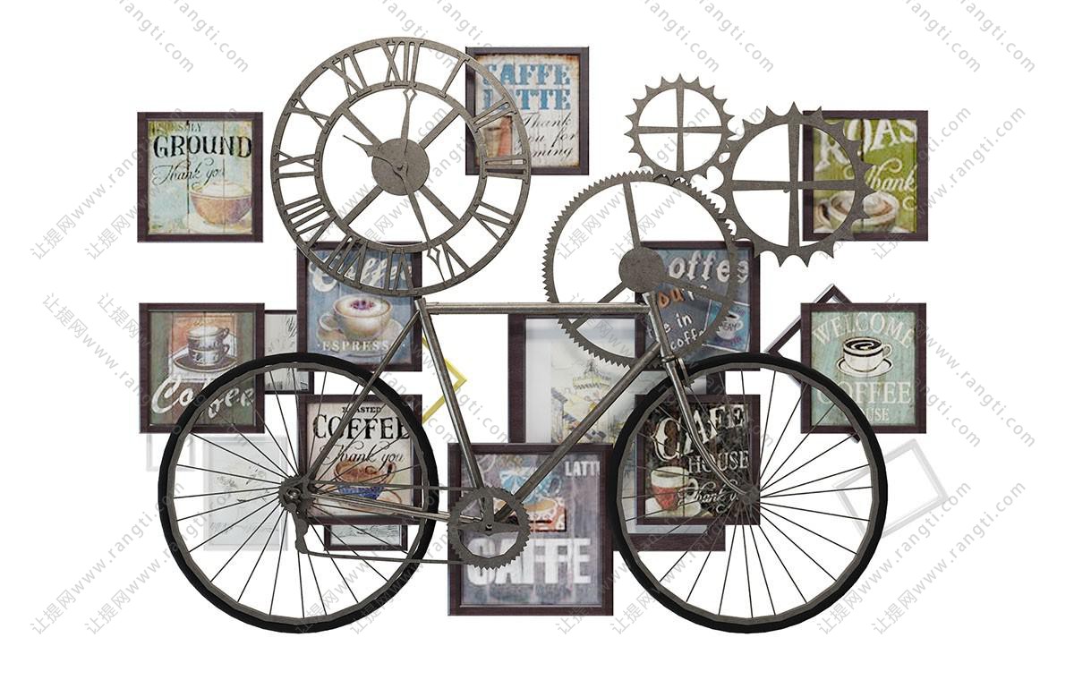工业风铁艺自行车、齿轮钟表、墙饰装饰画组合