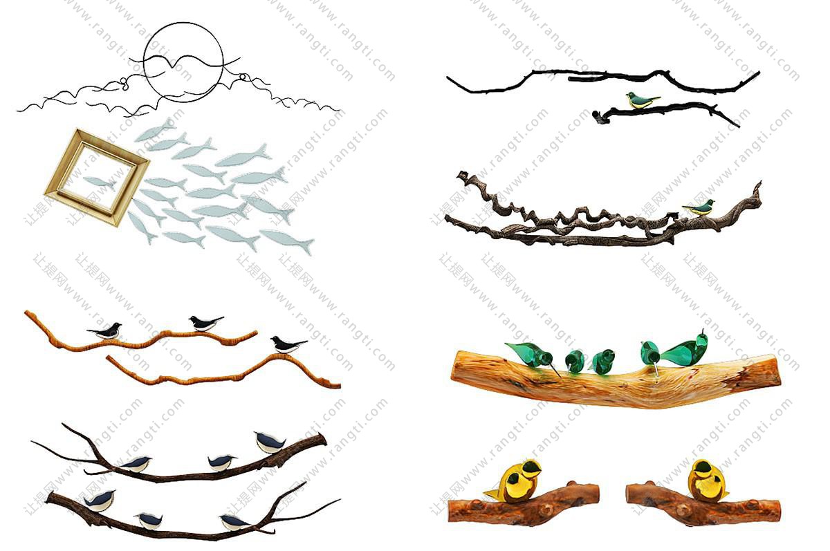 新中式树枝小鸟、鱼群墙饰挂件