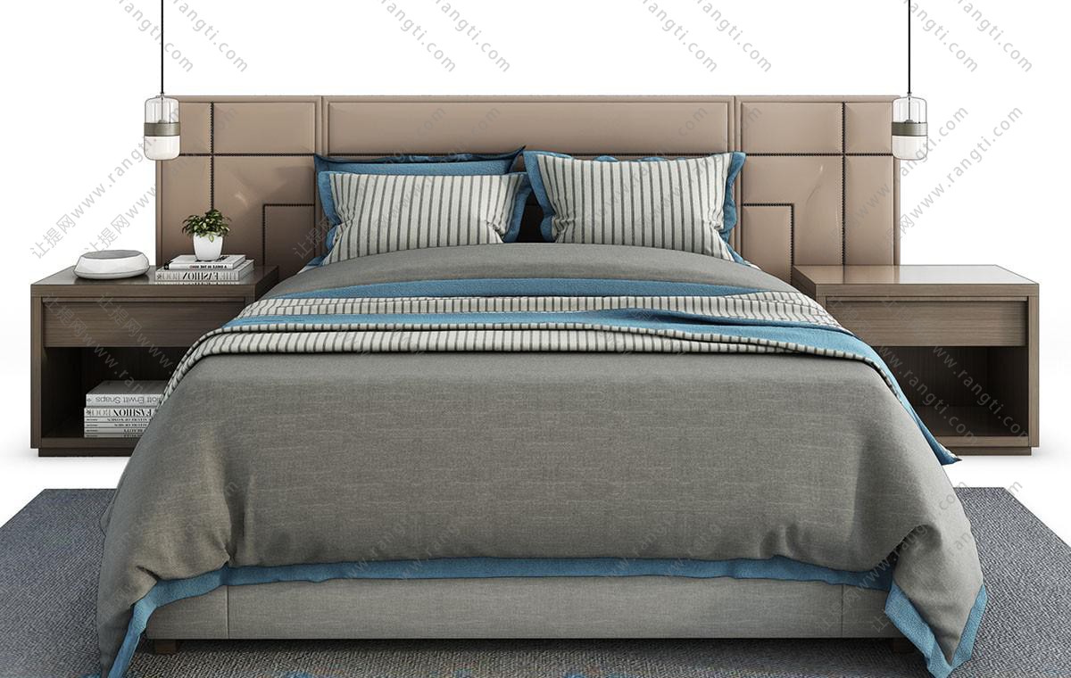 新中式超宽软包床头双人床、床头柜组合