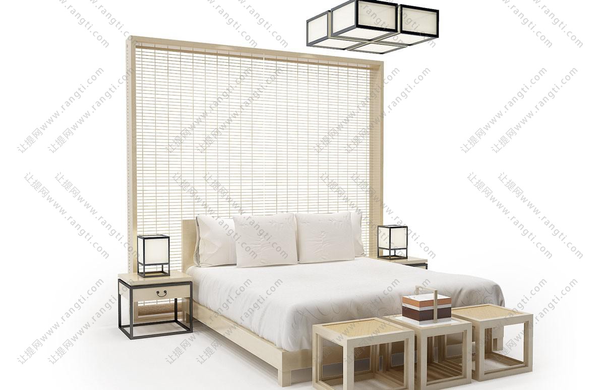 新中式浅实木双人床、床头柜、方形脚蹬组合