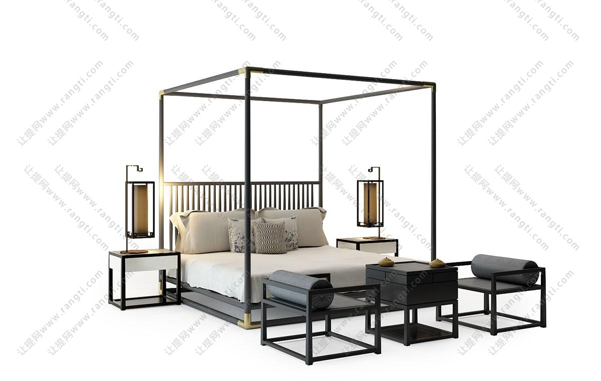 中式镂空床头双人床、床垫、床幔支架组合