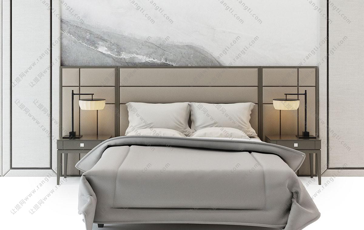 新中式软包床头双人床、床头柜台灯