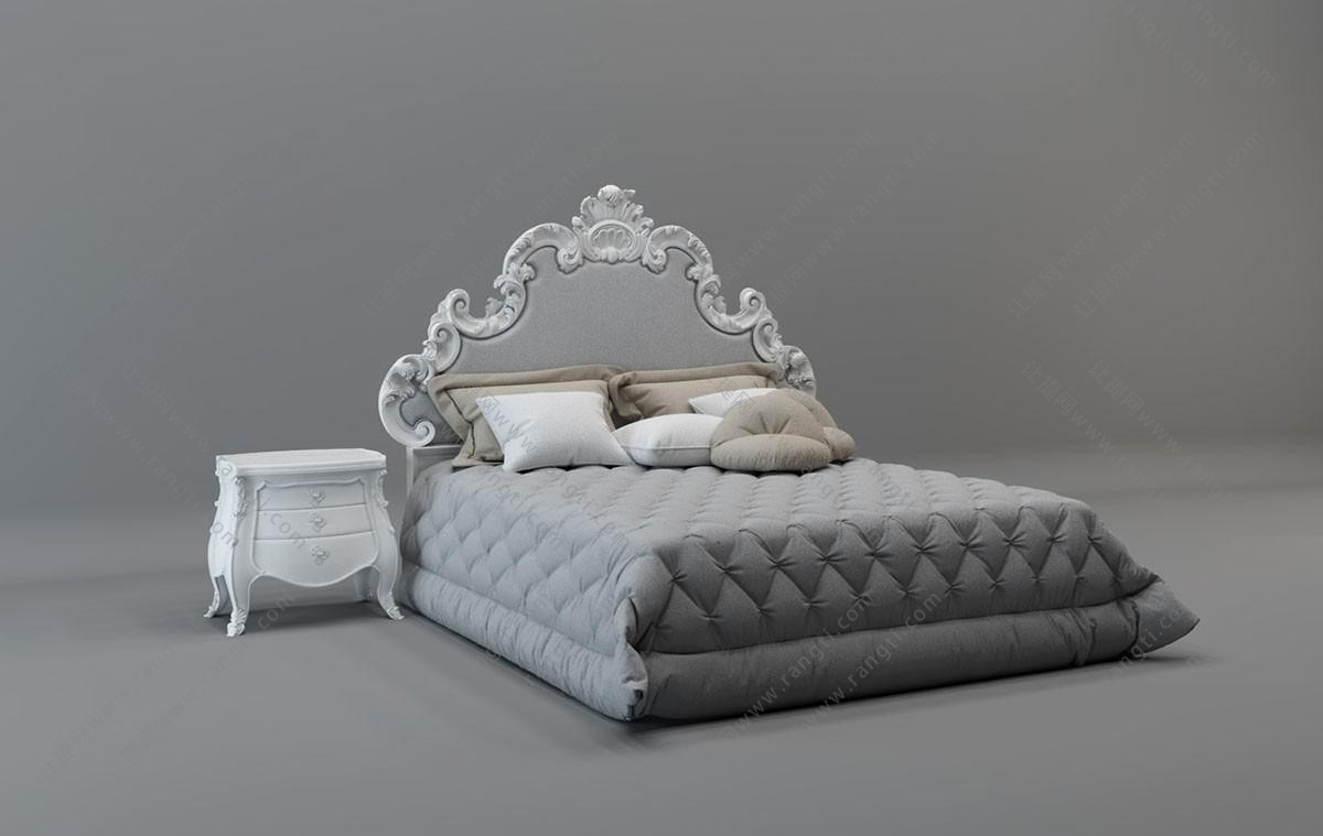 欧式雕花床头双人床、灰色床垫