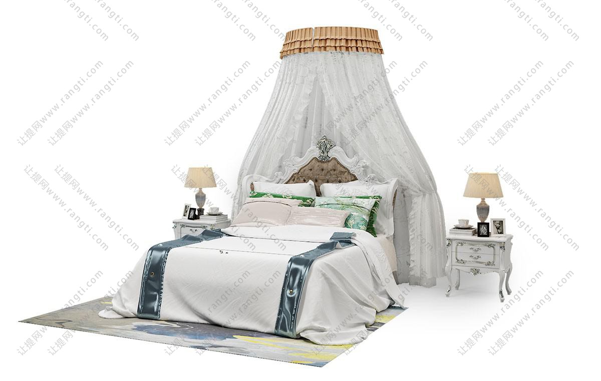 欧式白色雕花转角床头双人床、纱幔