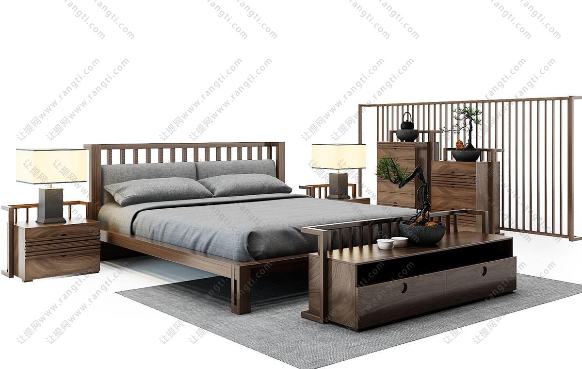 中式胡桃木镂空床头双人床、斗柜组合