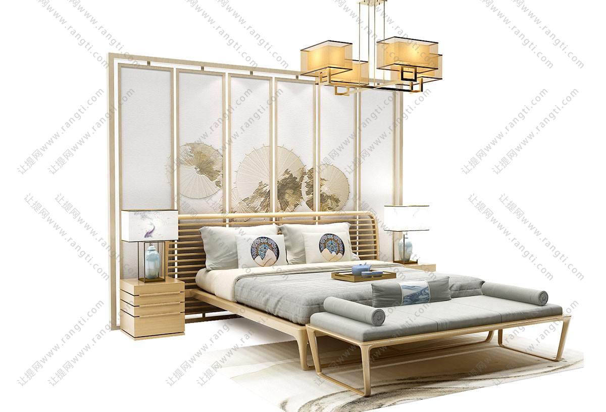 中式实木镂空床头双人床、床垫组合