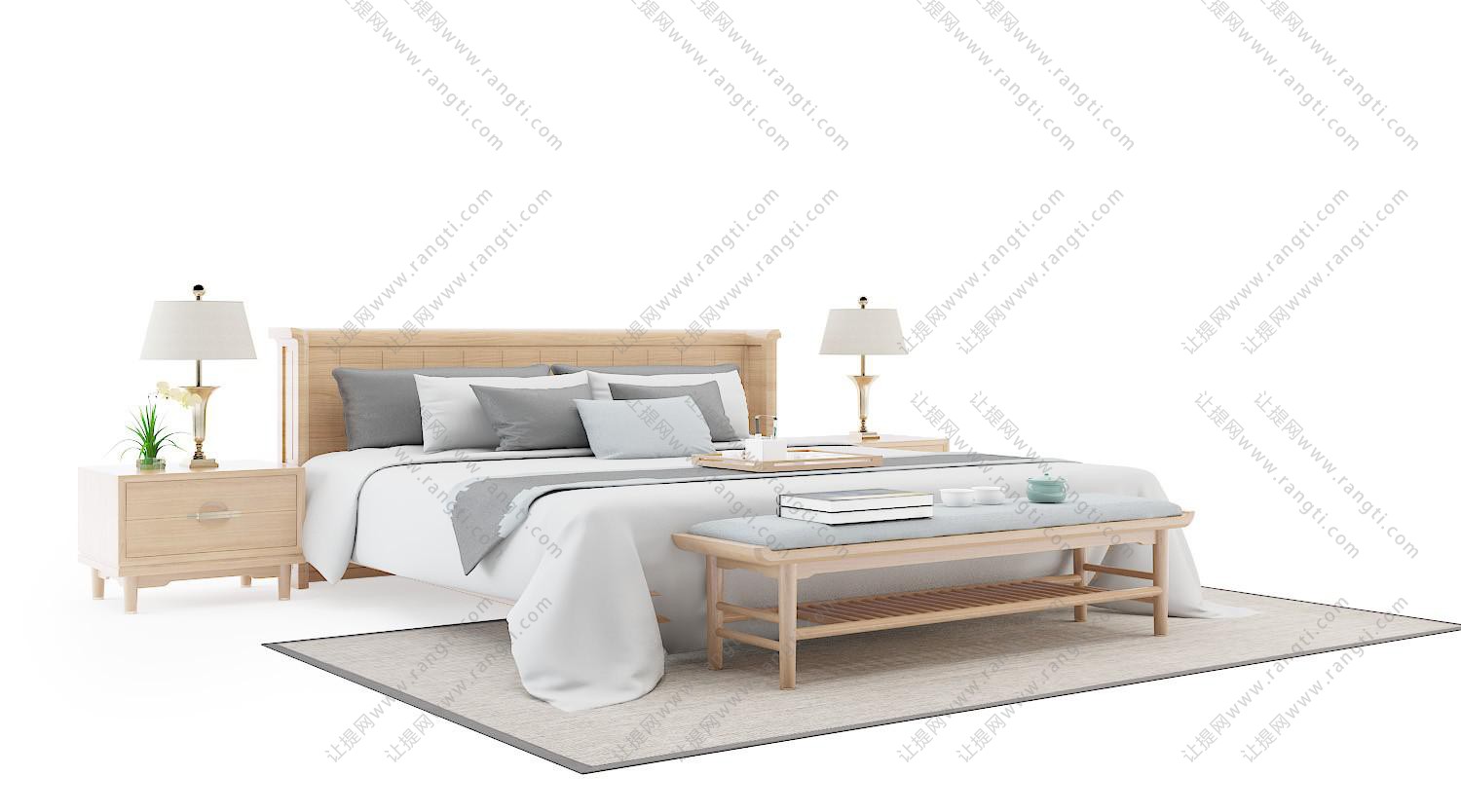 新中式实木转角床头双人床、床头柜组合