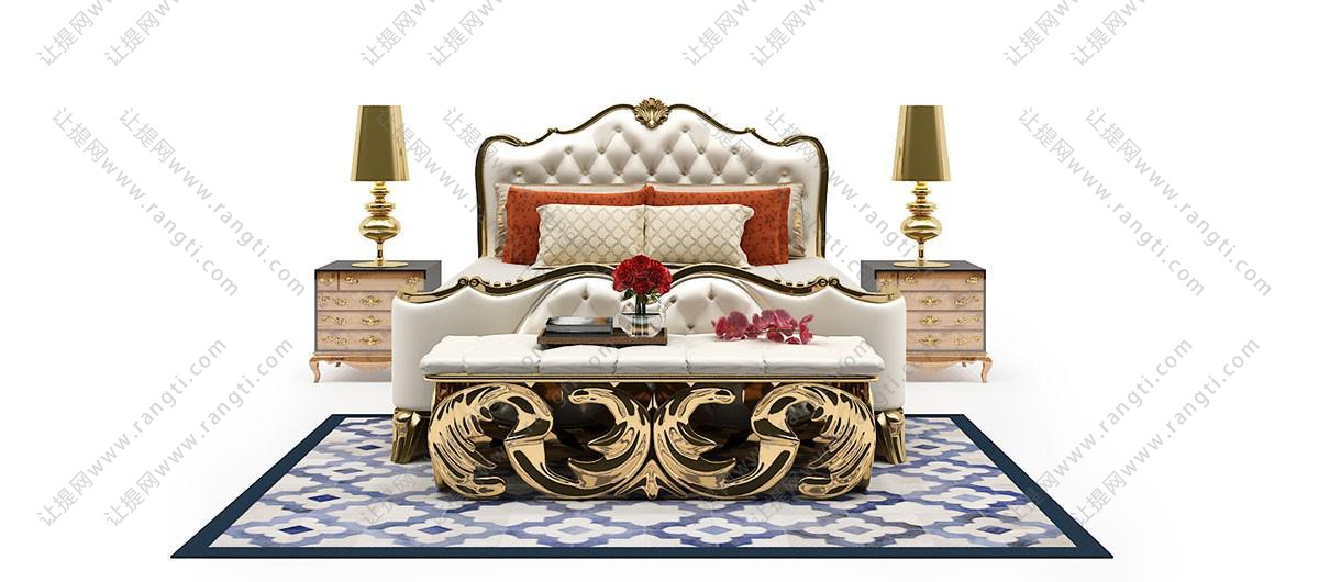 古典欧式双人床、雕花脚踏、床头柜组合