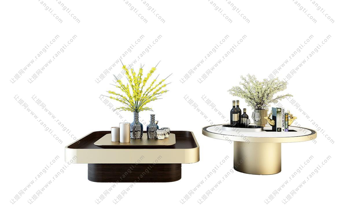 现代金属装饰方形、圆形茶几和桌面摆件组合