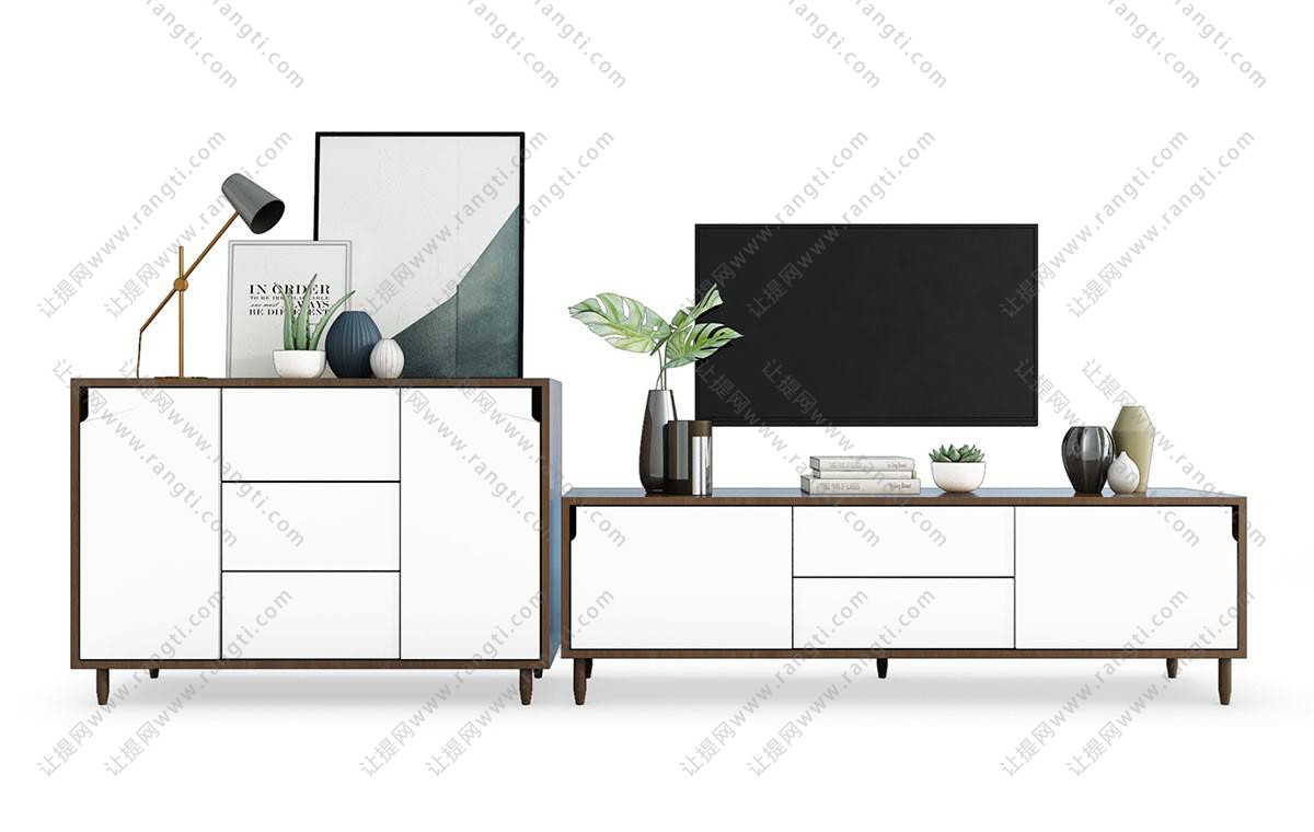 北欧实木边框装饰白色柜门电视柜、电视机