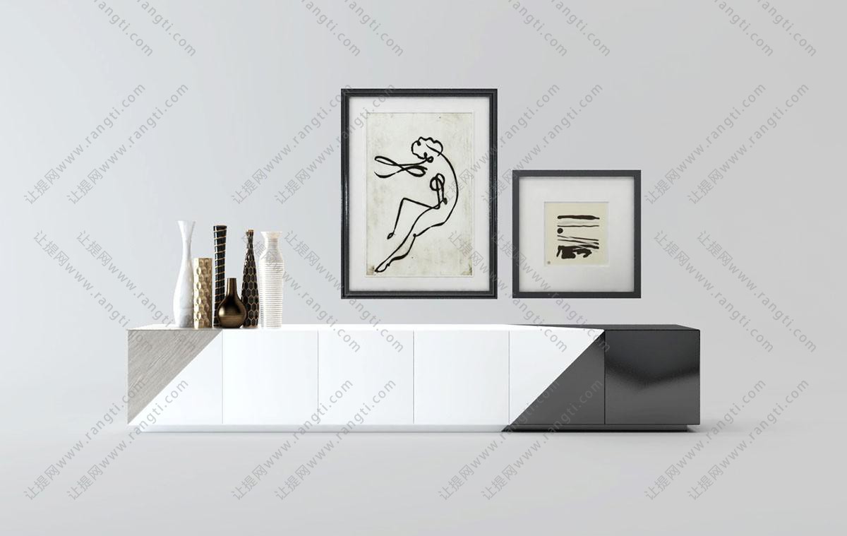 现代黑白简约个性电视柜、抽象装饰画