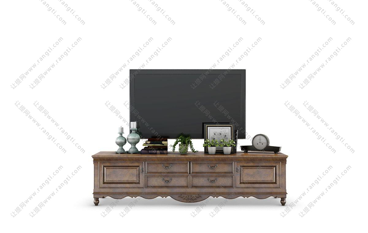 美式胡桃木雕花装饰电视柜、电视机组合