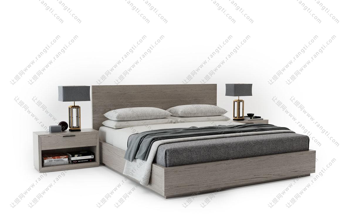 现代简约方形实木床头双人床、方形台灯