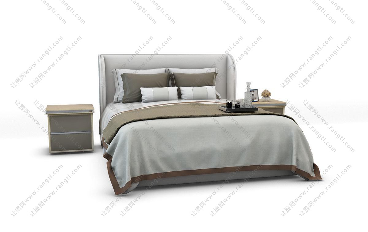 新中式转角软包床头双人床、素色床品