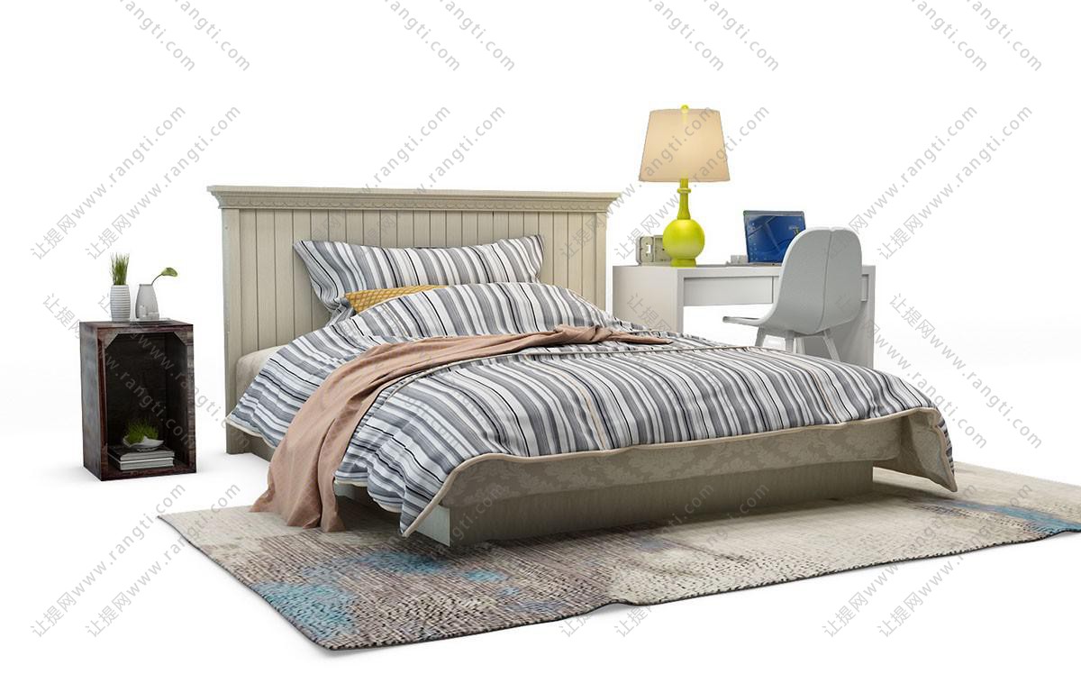 现代实木长条竖纹床头双人床、条纹床品