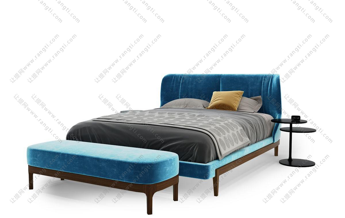 现代蓝色金丝绒布艺床头双人床、床尾凳