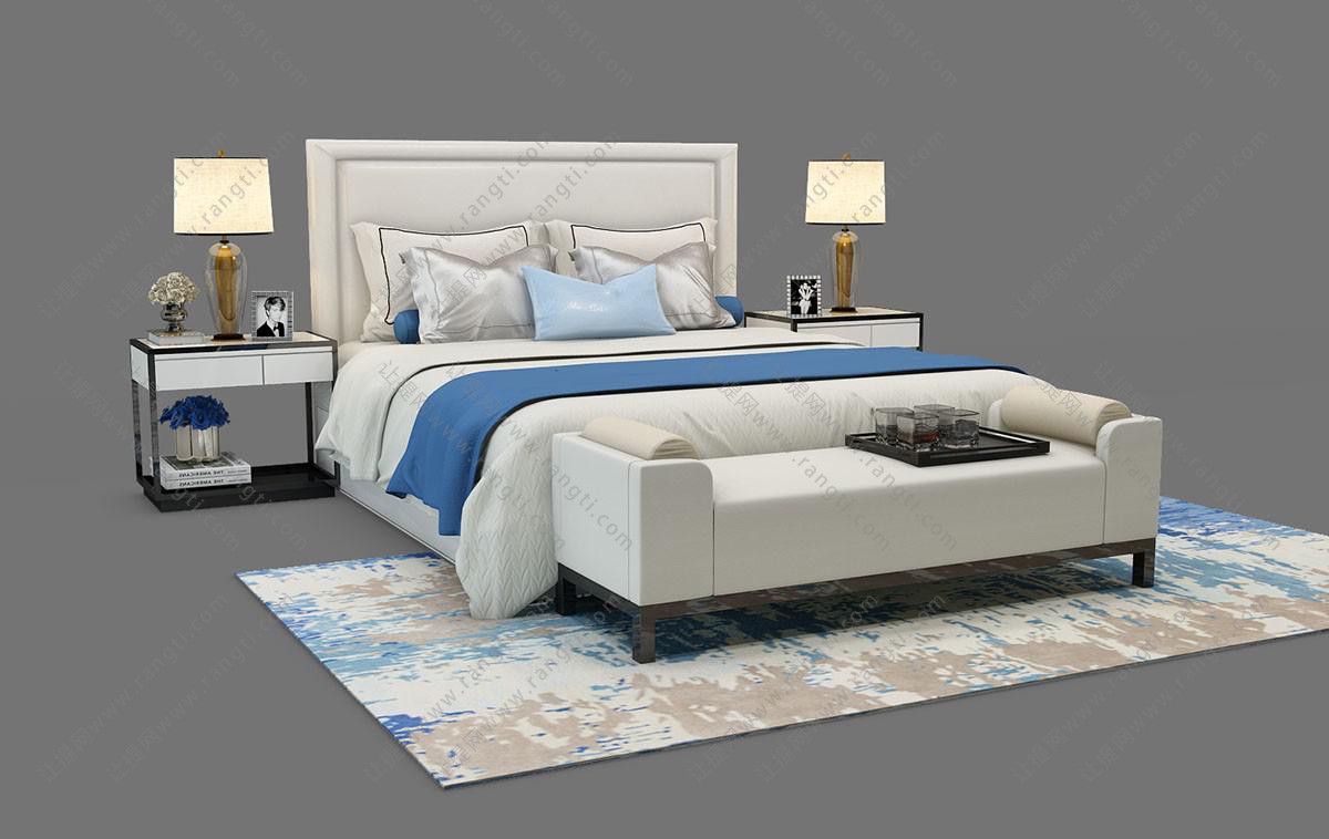 新中式方形布艺床头双人床、台灯、脚踏