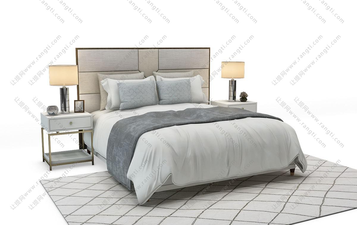 新中式软包床头双人床、方形床头柜
