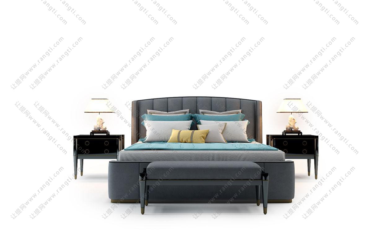 新中式灰色布艺床头双人床、脚蹬