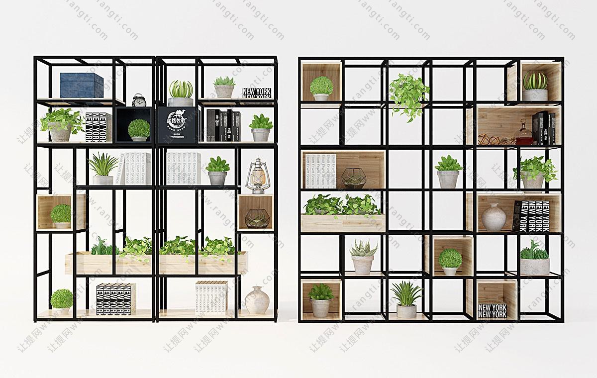 工业风铁艺黑色金属书柜、植物盆栽
