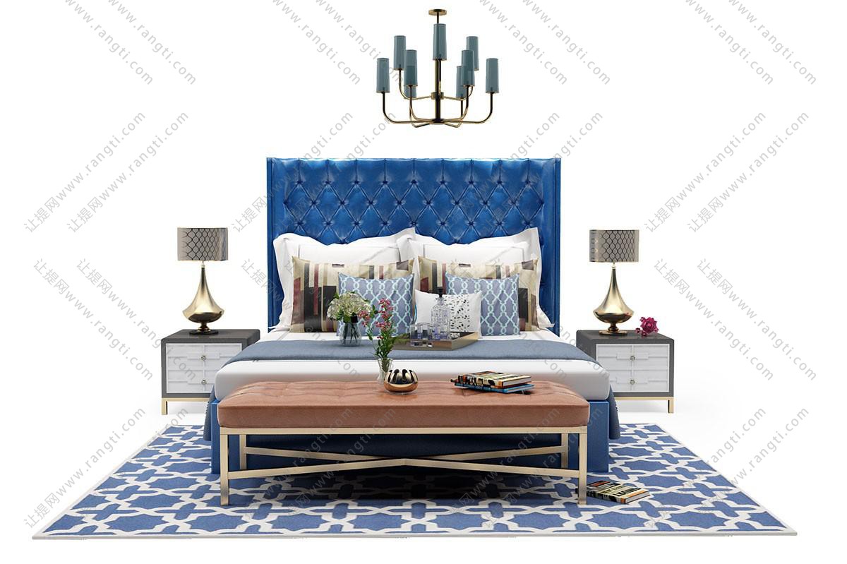 简欧蓝色菱形纹理转角床头双人床、床尾凳