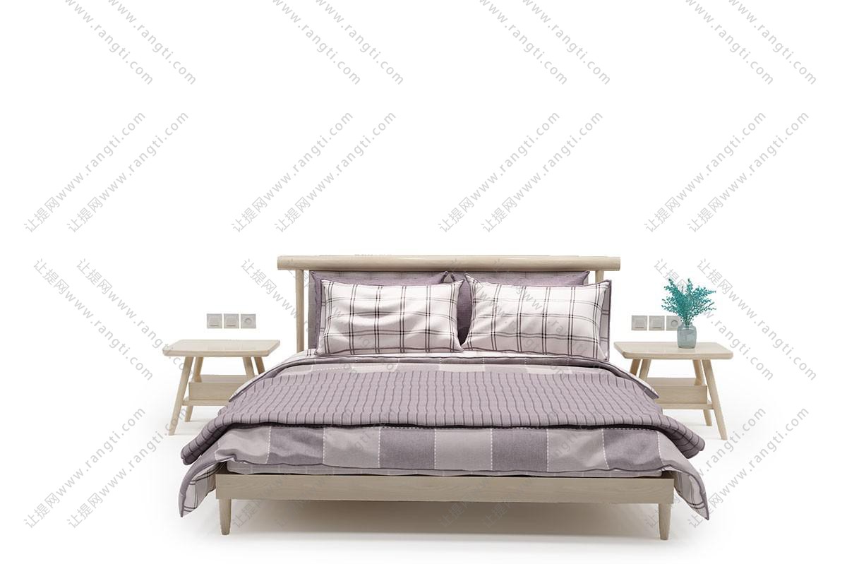 现代实木双人床、方格布艺床品