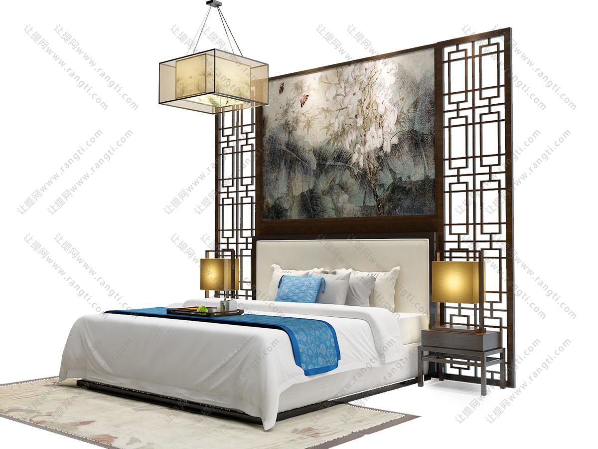 新中式双人床、中式元素床头背景墙