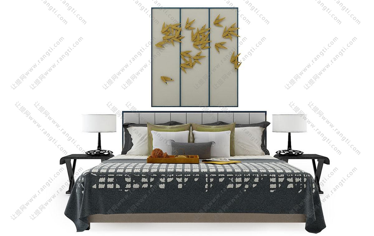 新中式双人床、床头柜组合
