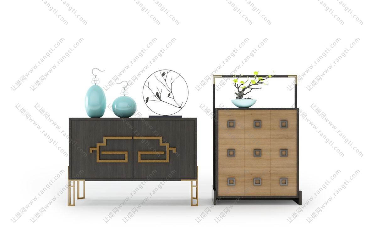 新中式带有金色镶边的玄关柜、装饰柜组合