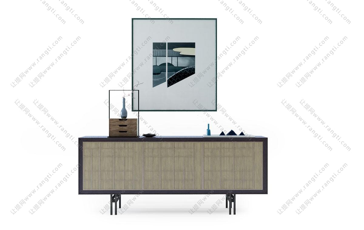 新中式长方形电视柜、摆件和装饰画组合