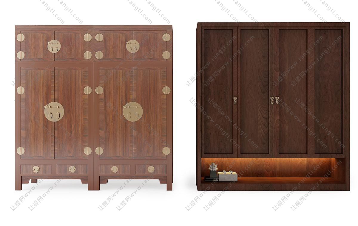 中式实木带有金属柜门锁、下部镂空的衣柜组合