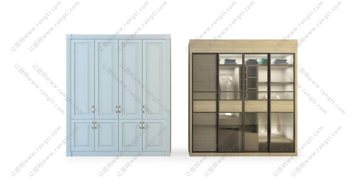 现代上下四扇柜门、玻璃柜门的大衣柜组合