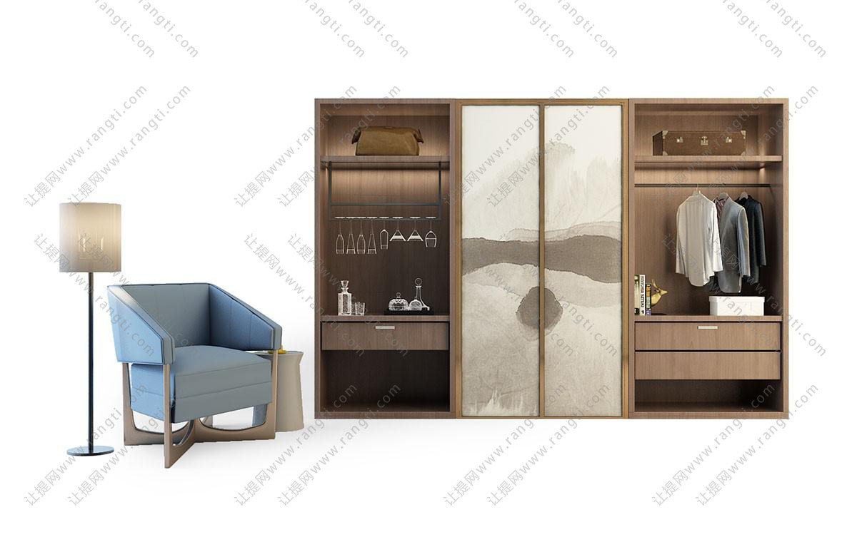 新中式卧式开放式收纳柜、衣柜和单人沙发组合