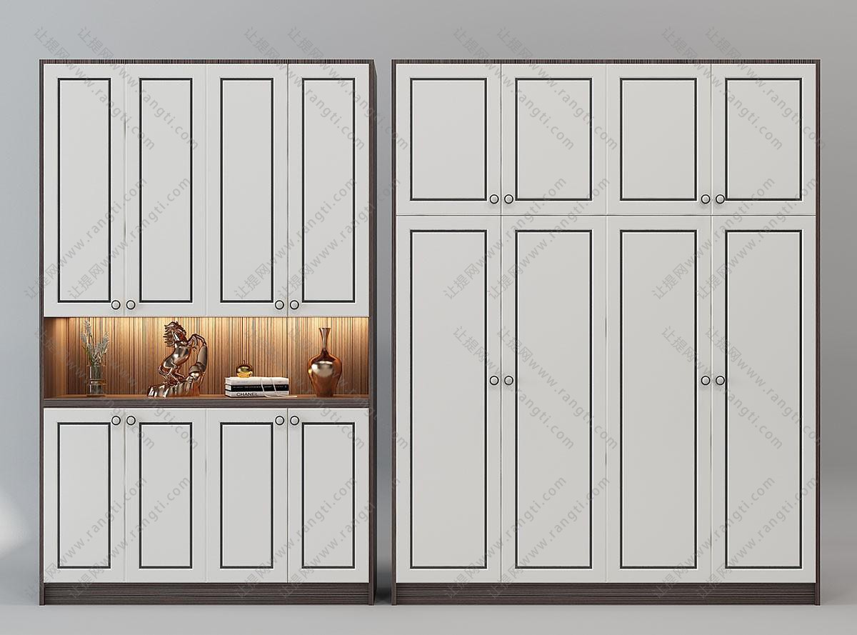 新中式镶嵌黑色边的白色衣柜、玄关柜组合