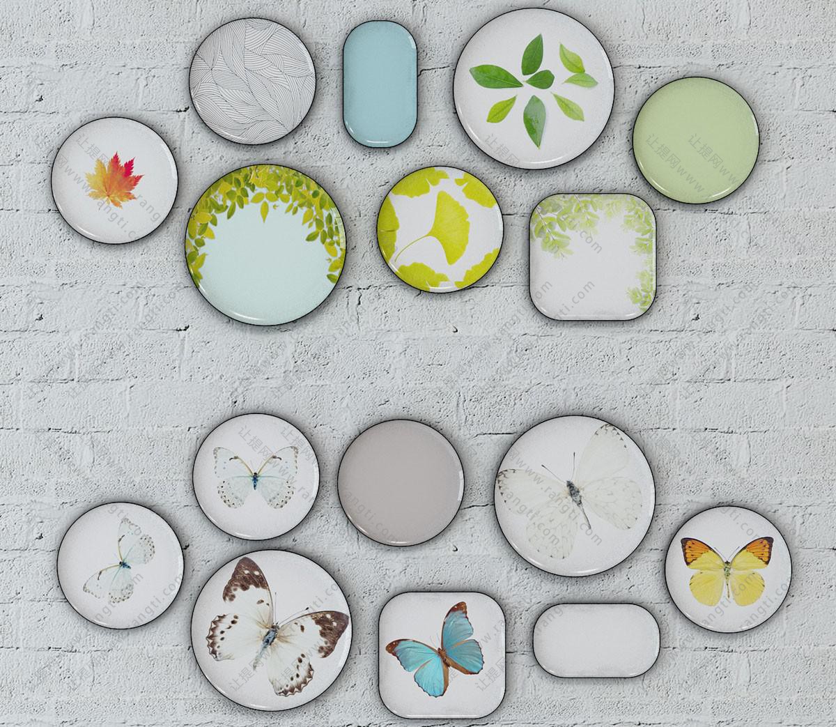 植物、蝴蝶图案盘子墙饰、挂件