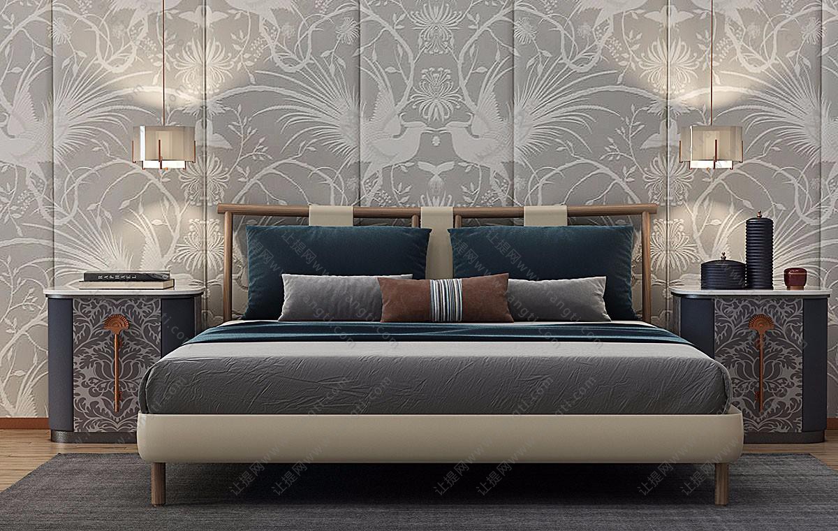 新中式实木床头双人床、凤凰图案壁纸背景墙