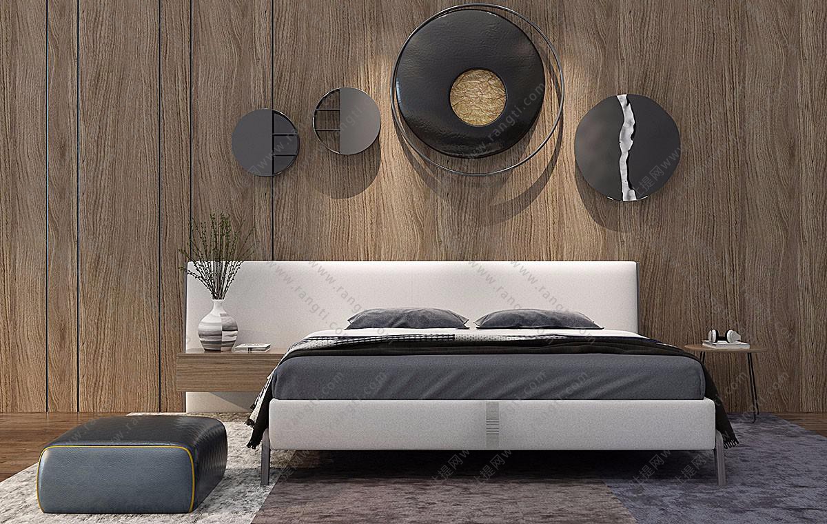 新中式双人床、实木背景墙和墙饰