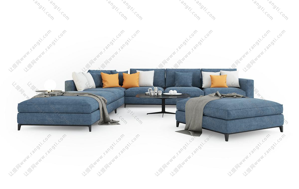现代灰蓝色布艺转角多人沙发、坐墩组合