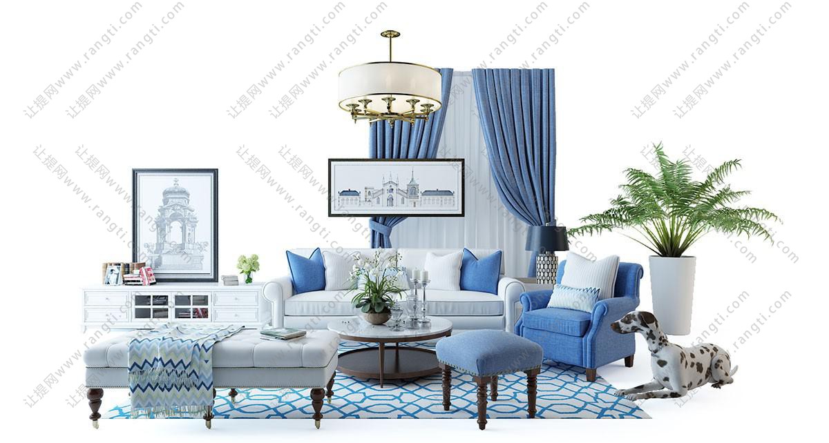 美式白色布艺多人沙发、蓝色单人沙发组合