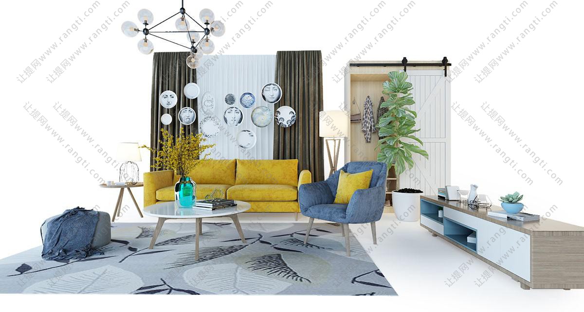 现代黄色布艺多人沙发、蓝色单人沙发组合