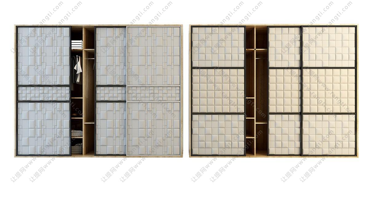 新中式白色方形凹凸纹理、灰色边框推拉门衣柜