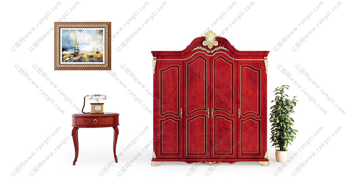 简欧红色实木雕花衣柜、边柜组合