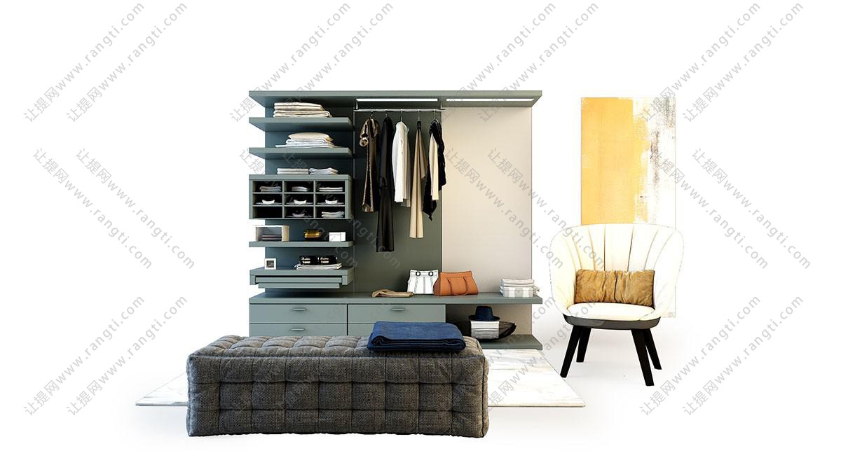 现代时尚更衣室青色开放式衣柜、休闲凳和软包坐墩组合