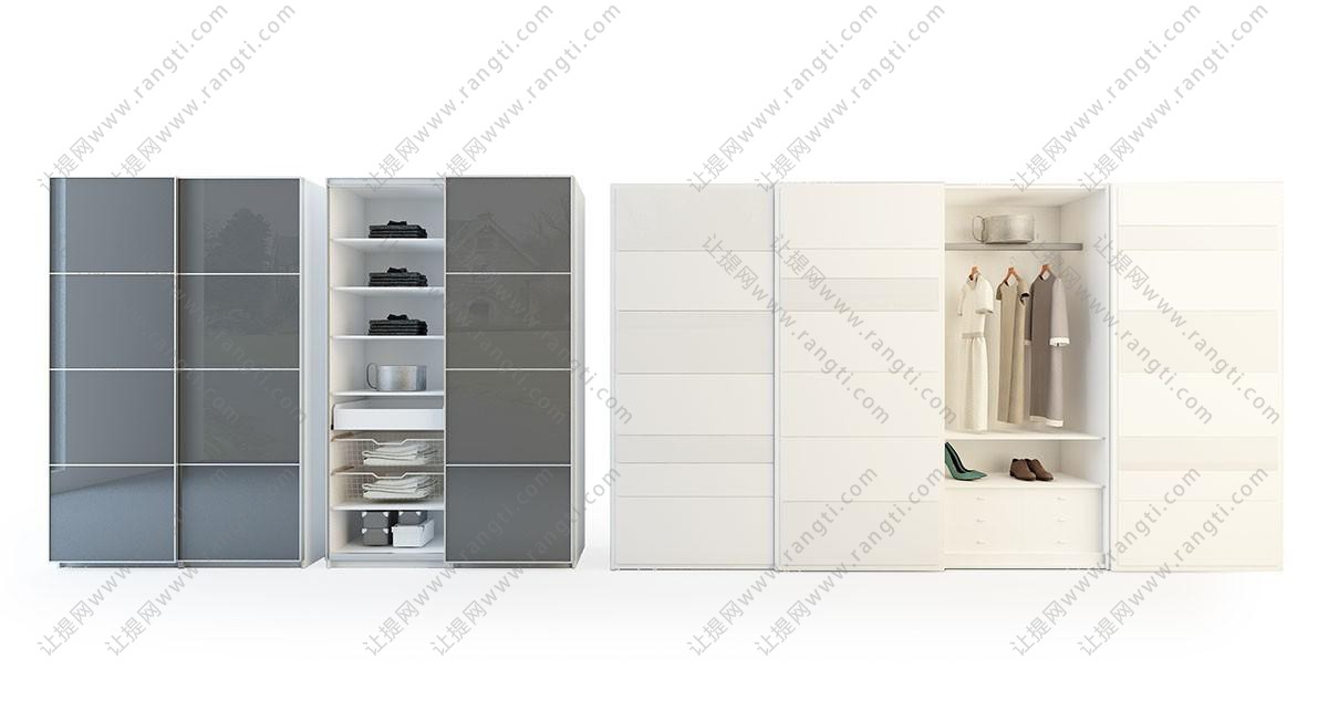 灰色高反射柜门衣柜、白色推拉门衣柜组合